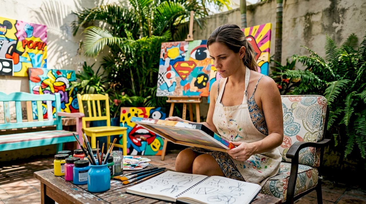 Artist examining conceptual pop art canvas in studio