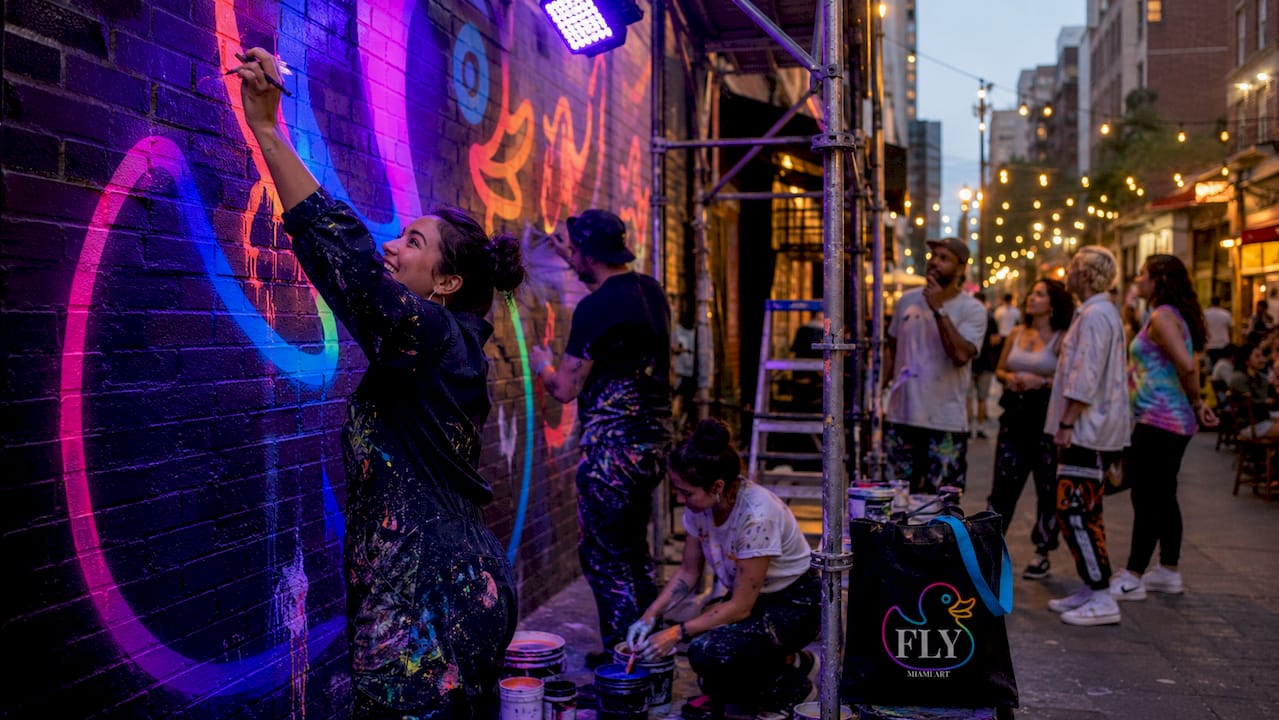 Artists installing UV mural in urban square at twilight