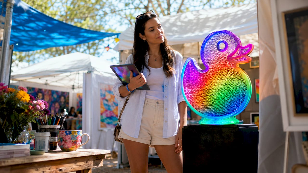 Art collector viewing colorful UV-reactive pop art sculpture
