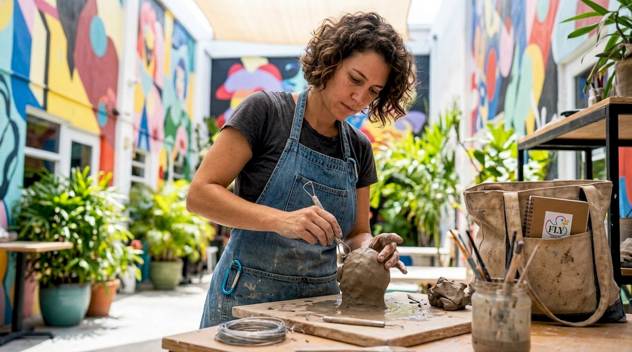 Sculptor reviewing sculpture designs in studio