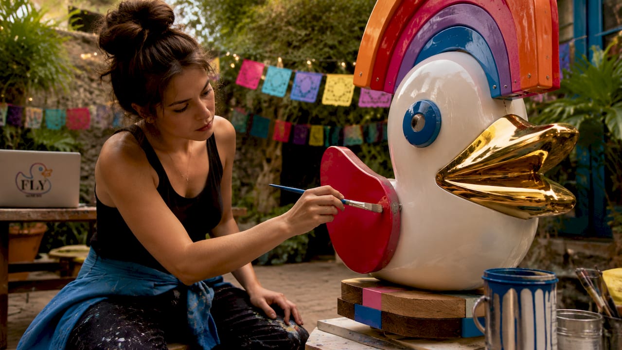 Artist applying clear coat to mixed media pop sculpture