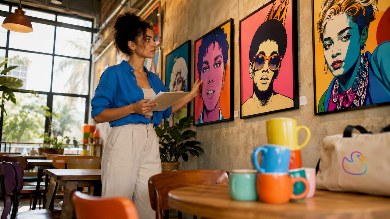 Curator arranging Pop Art prints in gallery
