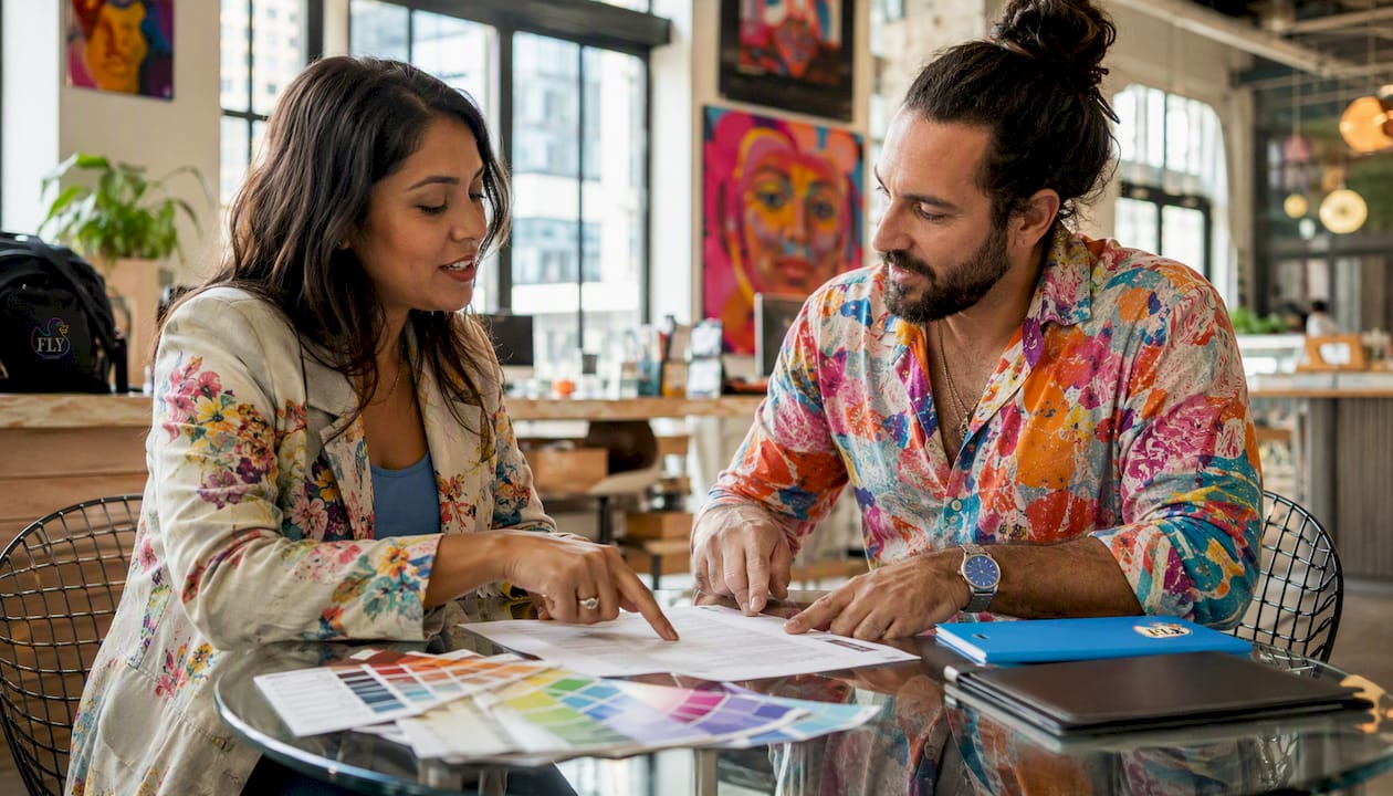 Developer and artist reviewing art commission agreement