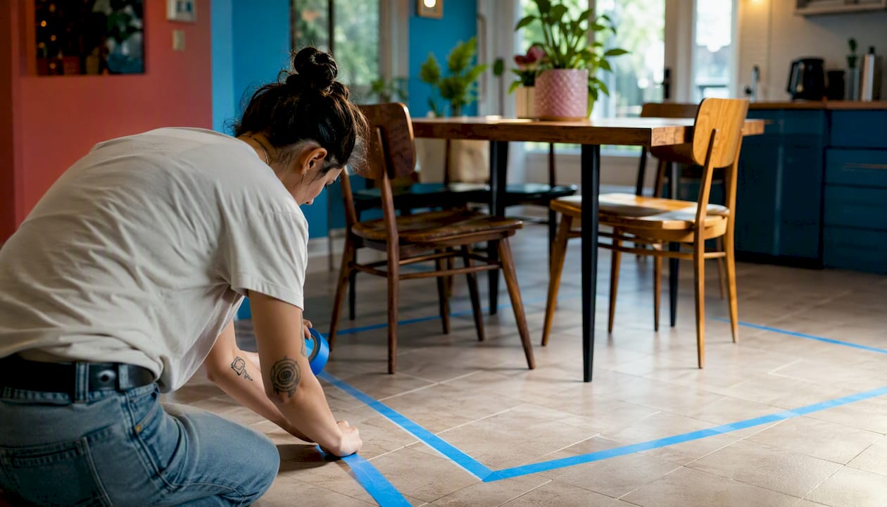 Person taping furniture and rug footprint on floor