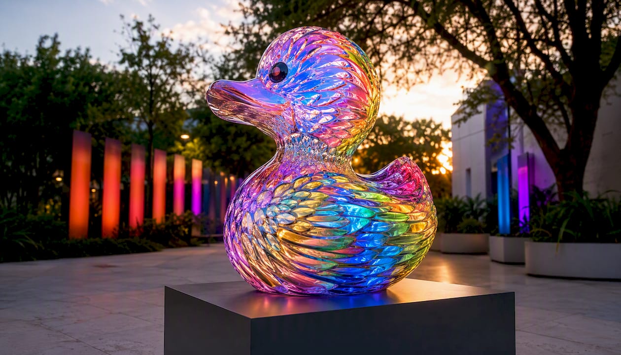 Glowing UV-reactive Pride art sculpture in gallery
