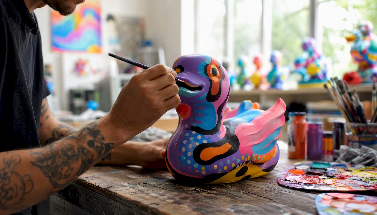 Hands applying paint to UV-reactive sculpture