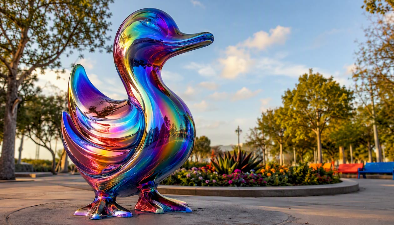 UV-reactive public art sculpture at building entrance