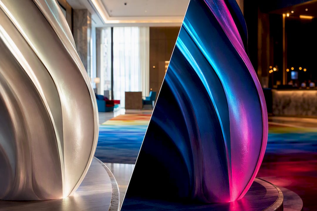 Hotel lobby sculpture shown in two lighting states