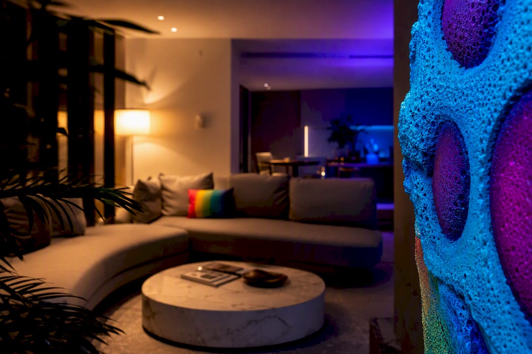 Modern living room with UV-reactive pop art