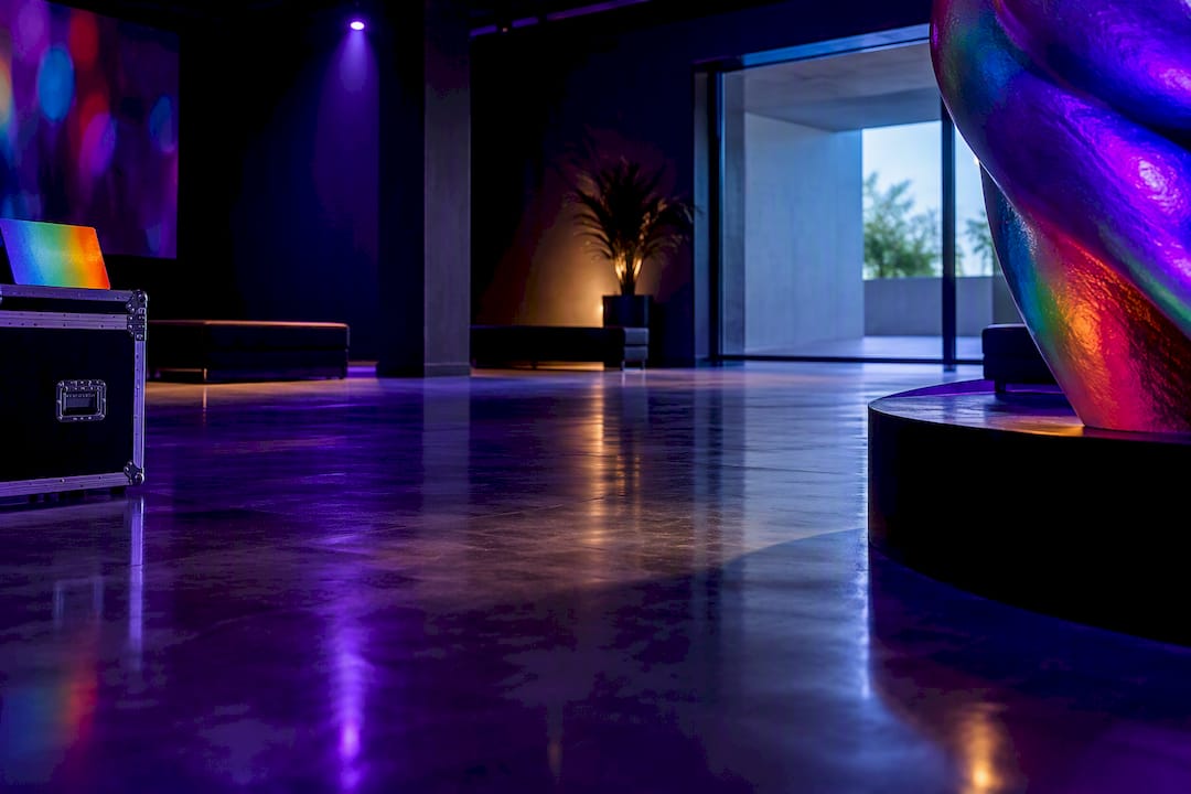 Blacklight-ready nightclub space with glowing artwork edge