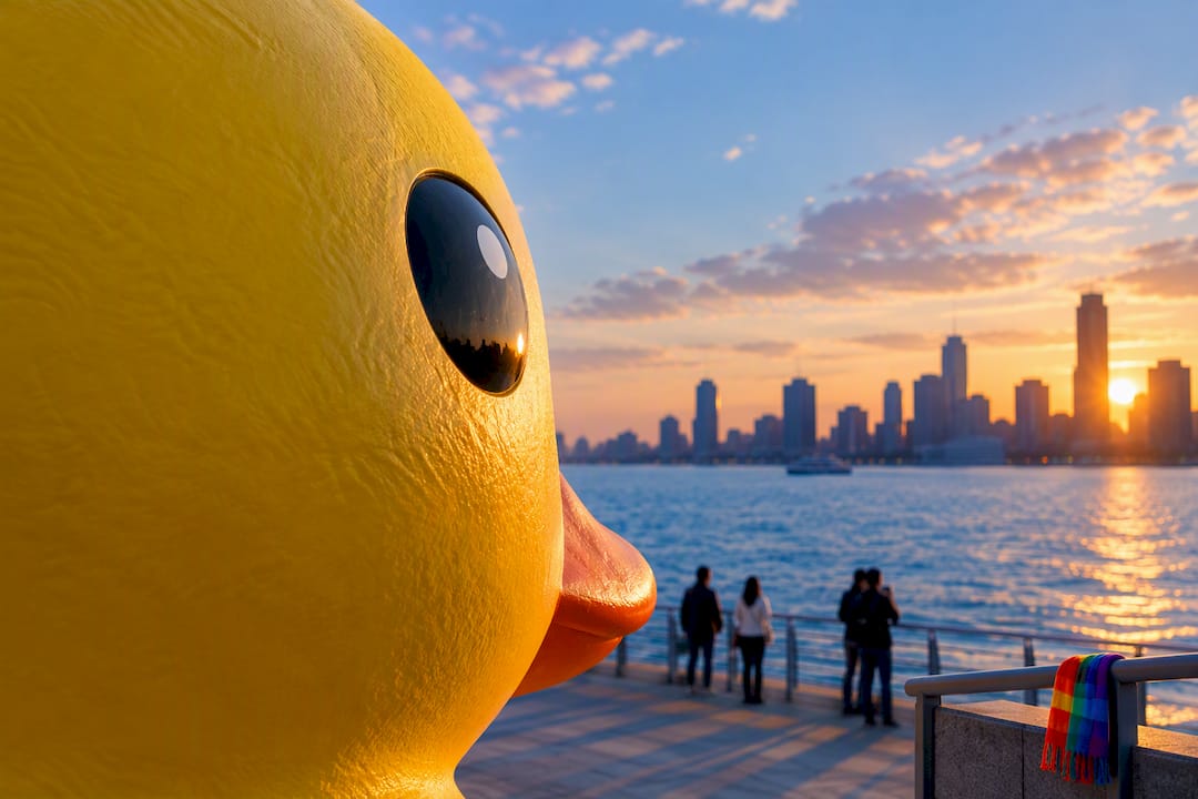 Cropped yellow duck sculpture beside waterfront