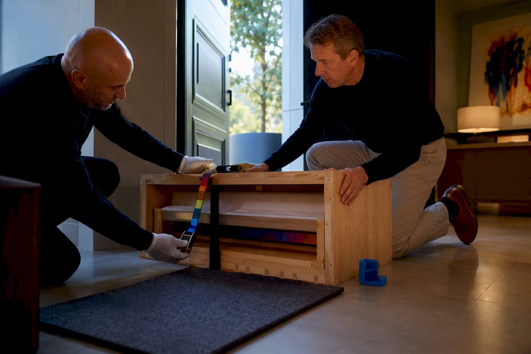 Handlers securing a crated artwork for delivery