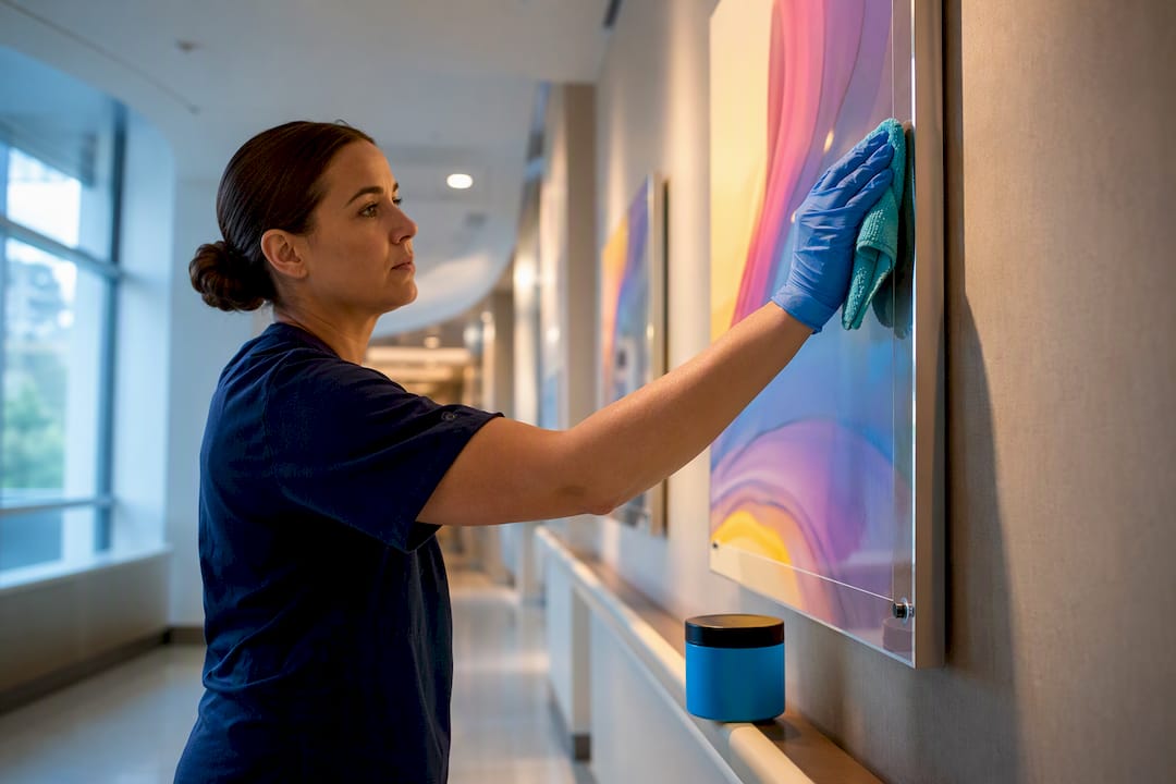 Gloved hand wiping acrylic-glazed hospital artwork