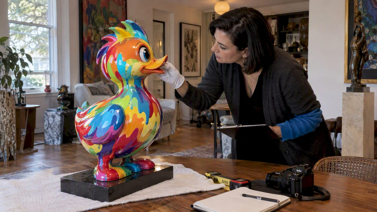 Appraiser documenting colorful UV-reactive sculpture