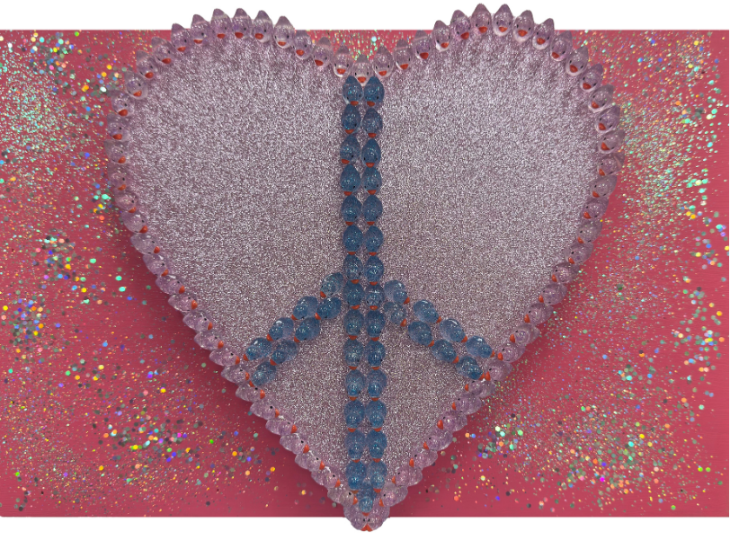 Heart-shaped object with peace symbol design on a glittery pink background