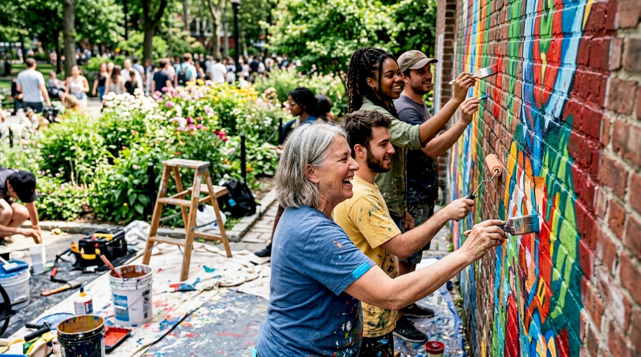 Community creating vibrant public mural outdoors