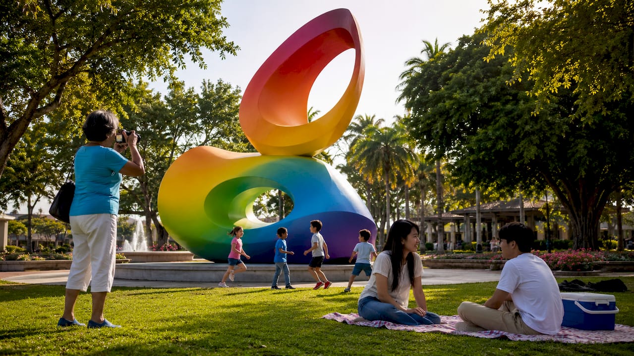 Urban plaza with modern sculpture and people interacting