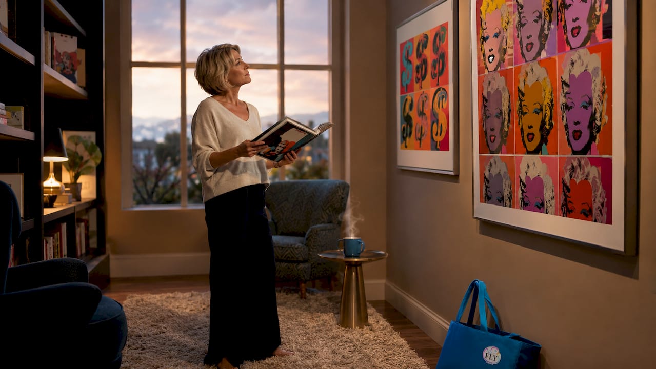 Woman examining pop art paintings in gallery