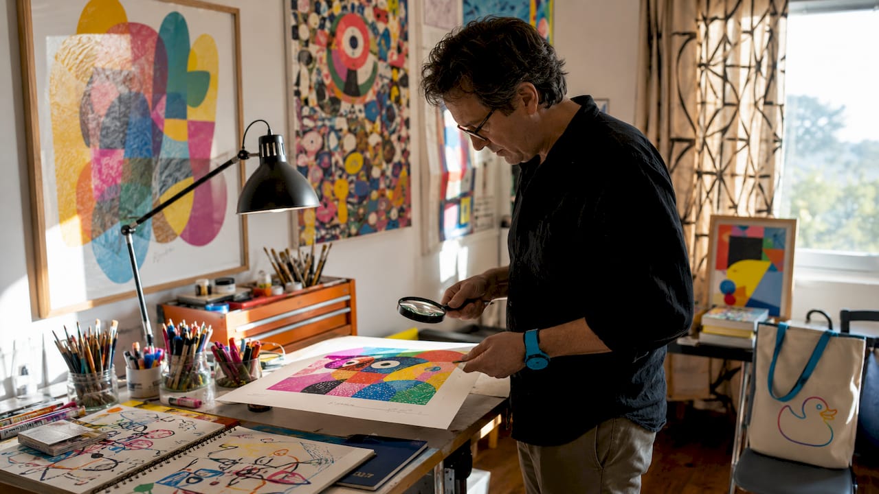 Collector examining pop art print with magnifying glass