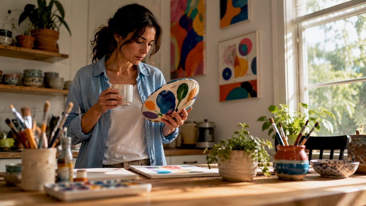 Woman viewing conversation piece art in home