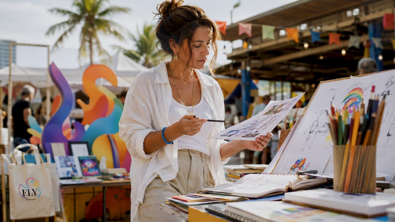 Designer reviewing art commission sketches in studio