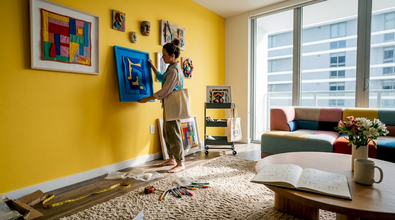 Woman arranging mixed media gallery wall art
