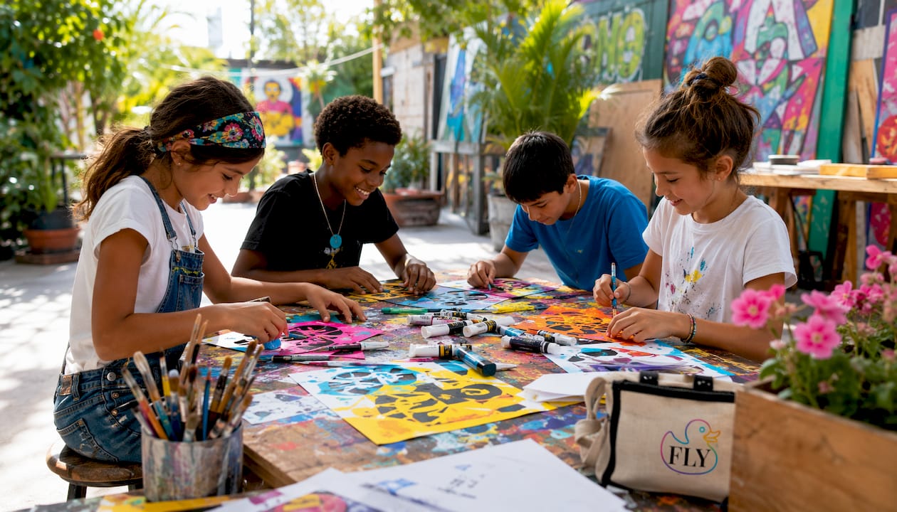 Children creating pop art prints at table