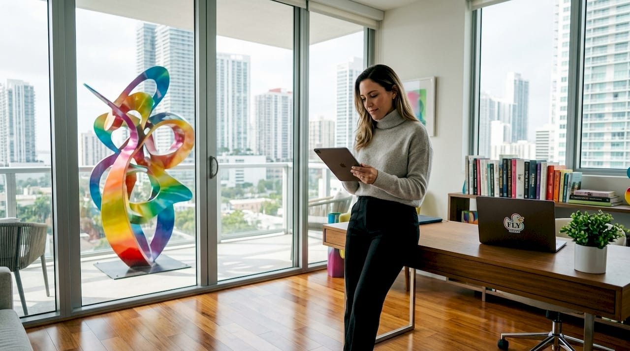 Woman observing sculptural focal point in living room