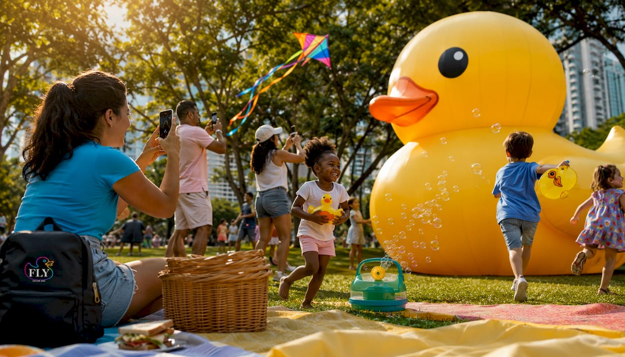 People enjoying large public duck art installation