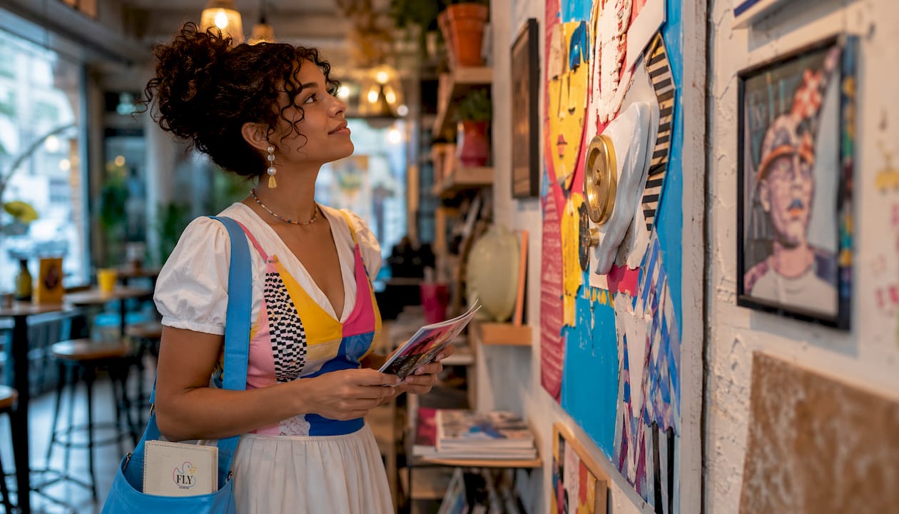 Woman viewing vibrant Neo-Pop art in gallery