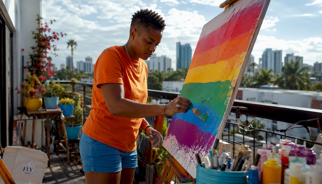 Artist hand-painting original Rainbow flag fabric