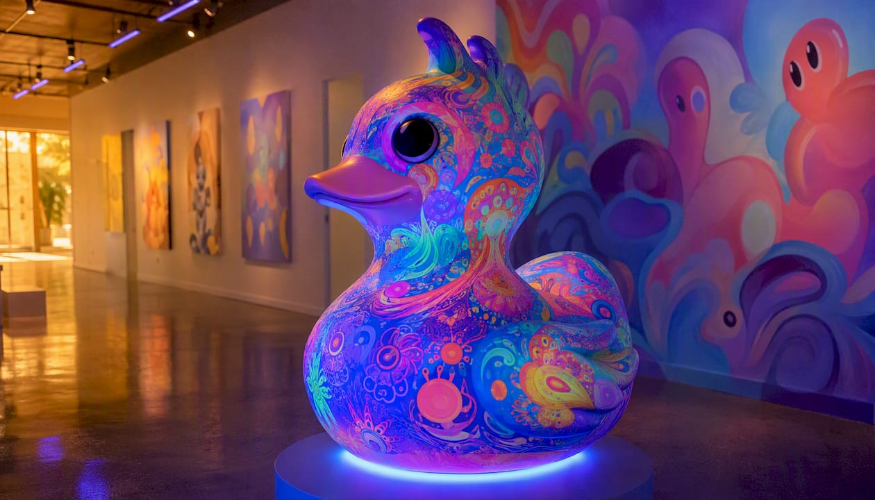 Glowing UV-reactive pop art sculpture in gallery