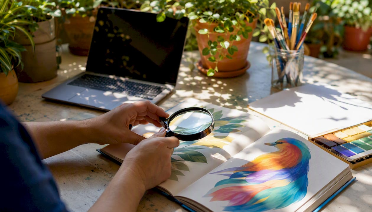 Hands searching documents with magnifying glass