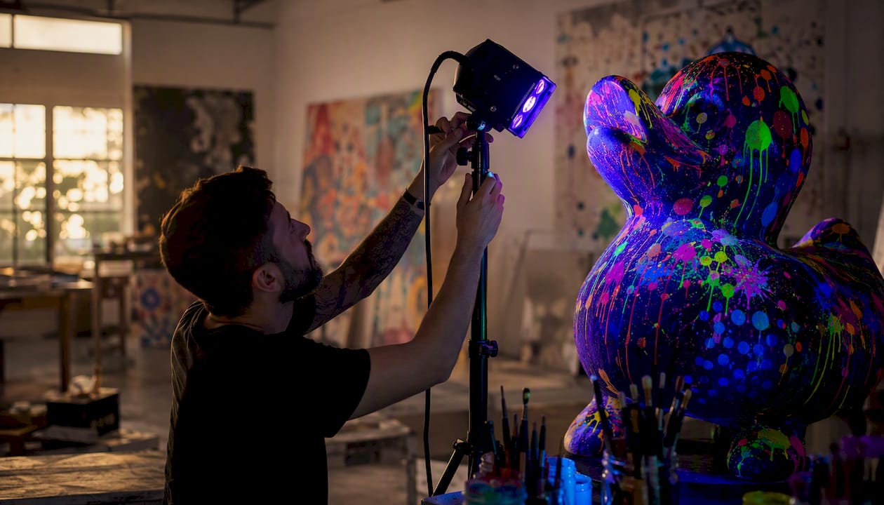 Hands adjusting blacklight on glowing pop art sculpture