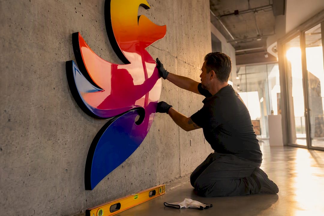 Hands installing vibrant hotel art sculpture