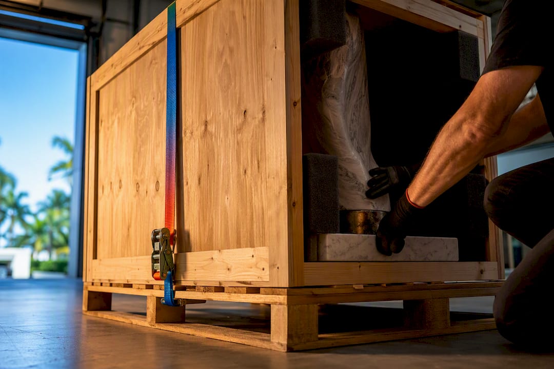 Protected sculpture inside custom shipping crate
