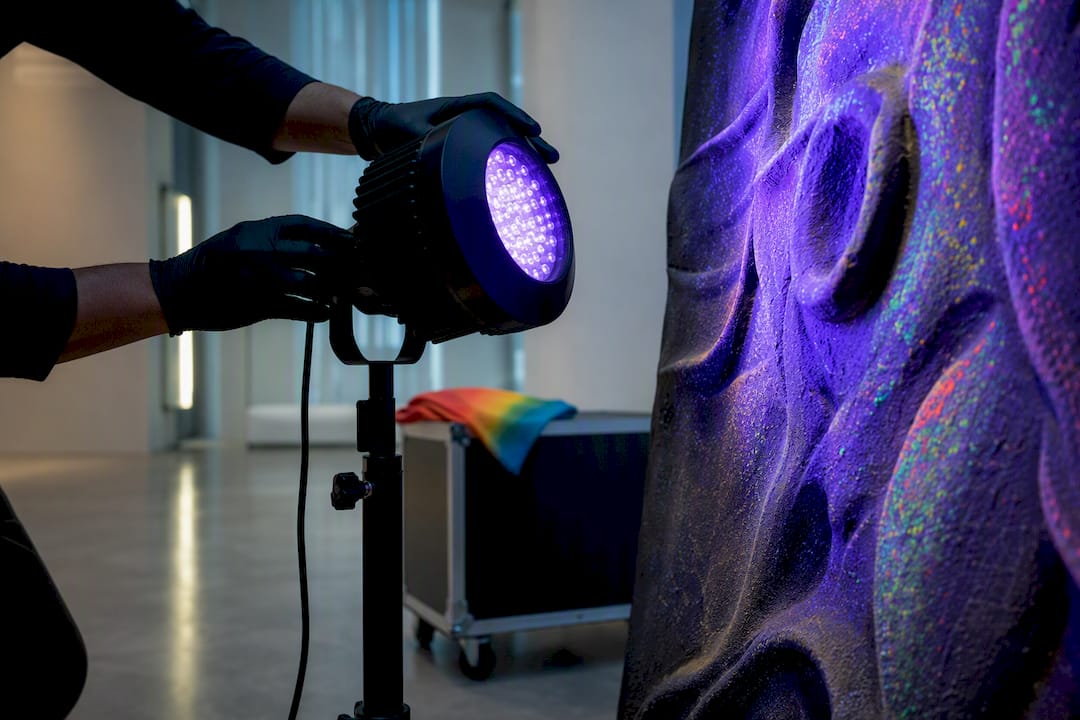 Installer testing UV-reactive sculpture lighting