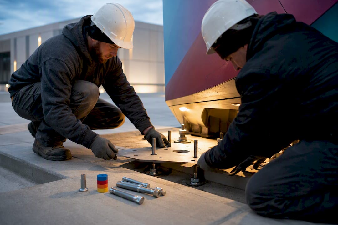 Installers preparing a sculpture foundation
