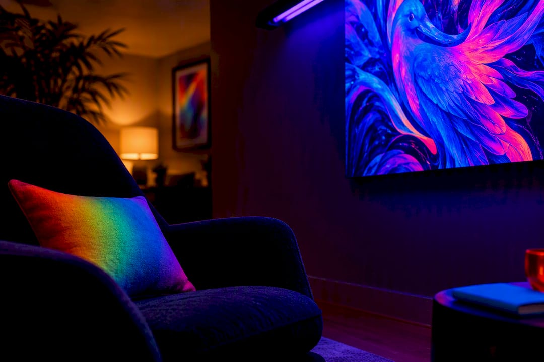 Single glowing artwork anchoring a dark room