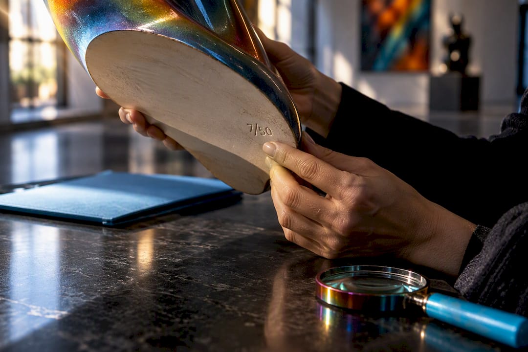 Collector inspecting an edition mark