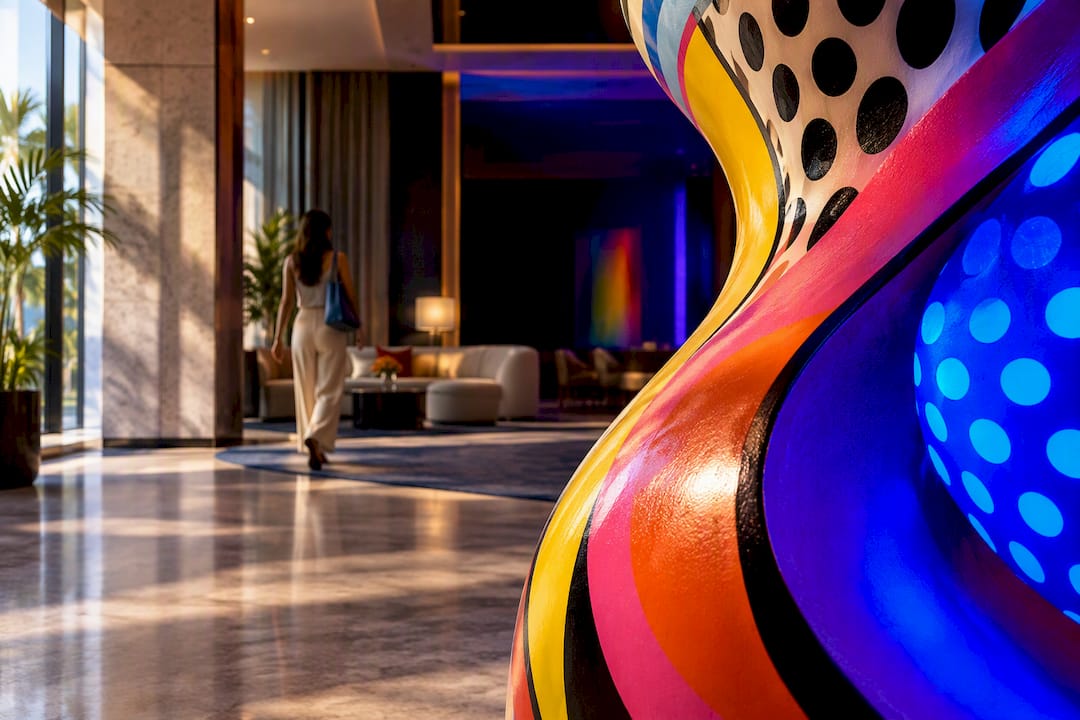 Partial UV sculpture glowing in hotel lobby