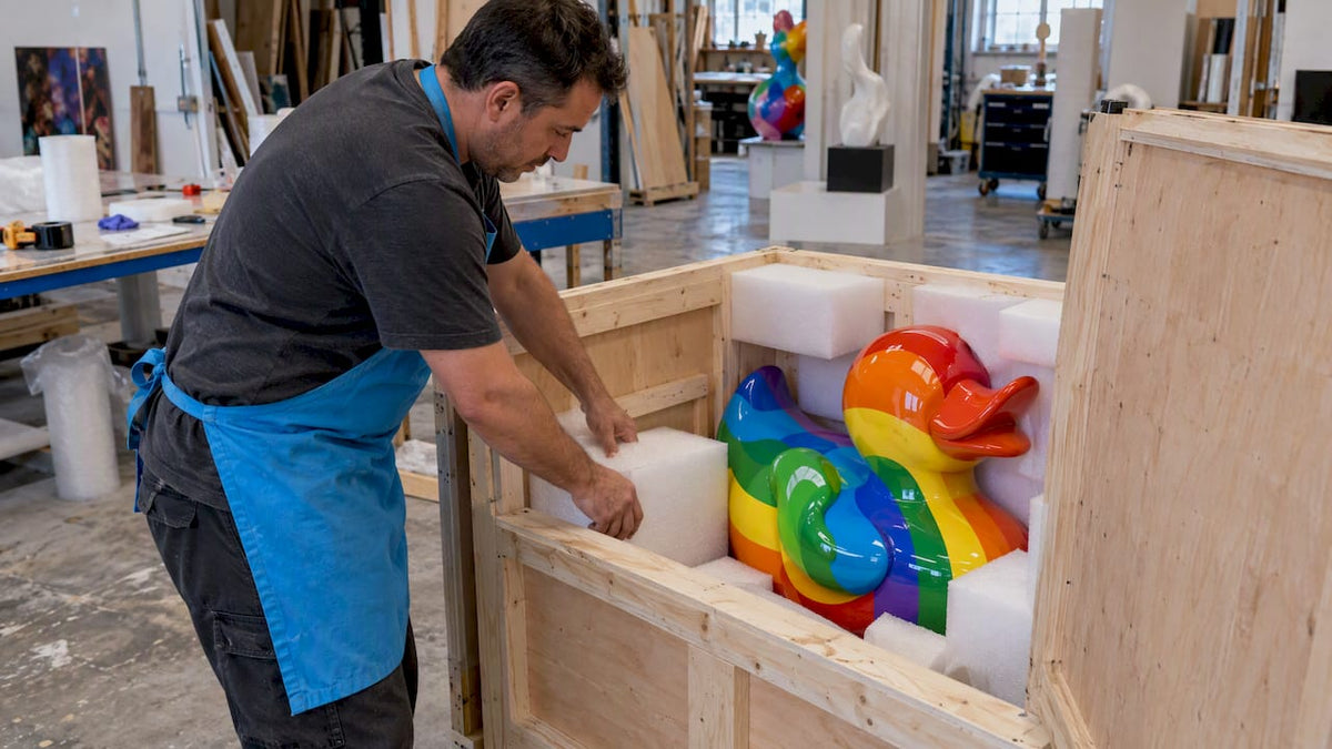 Colorful sculpture protected inside an open shipping crate
