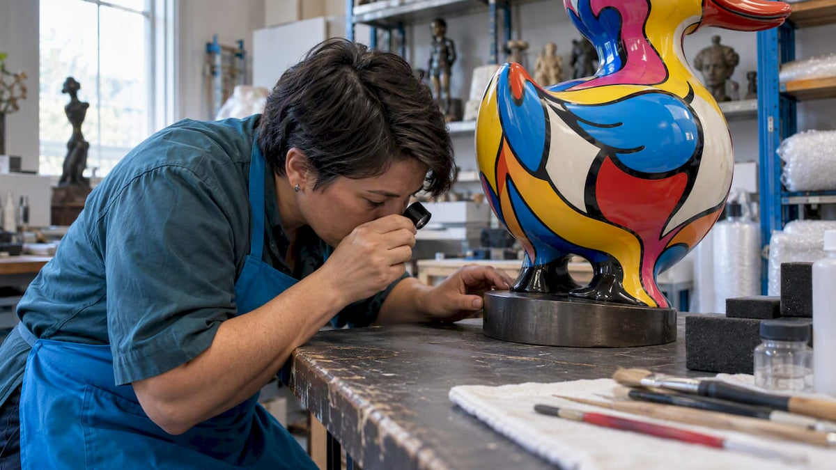 Appraiser inspecting a mark on a pop sculpture