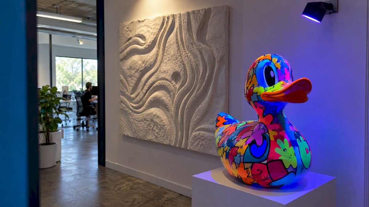 Tactile wall art beside a UV-reactive sculpture