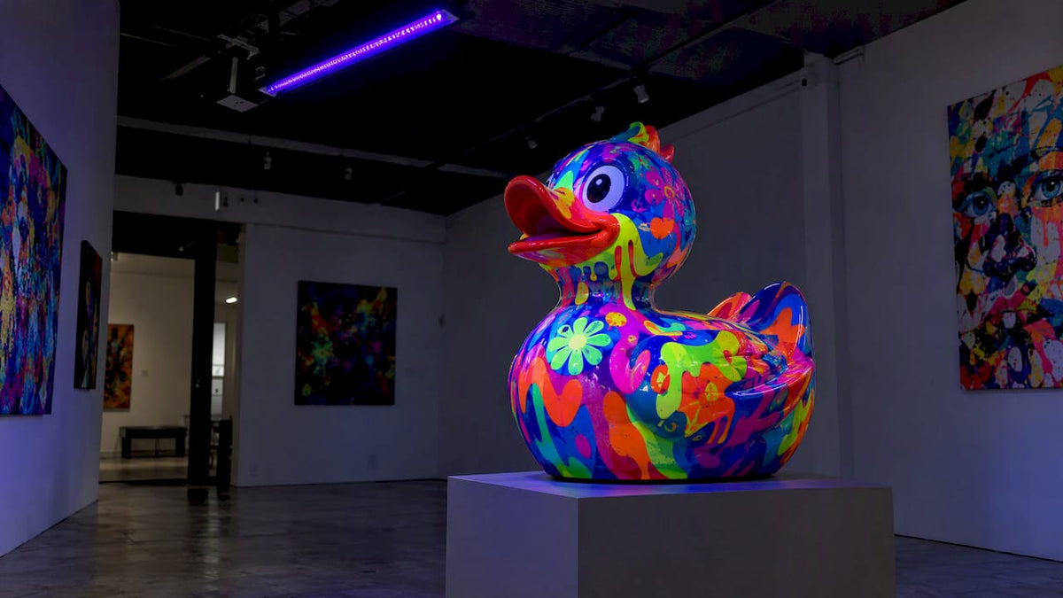 UV-reactive sculpture under gallery blacklight