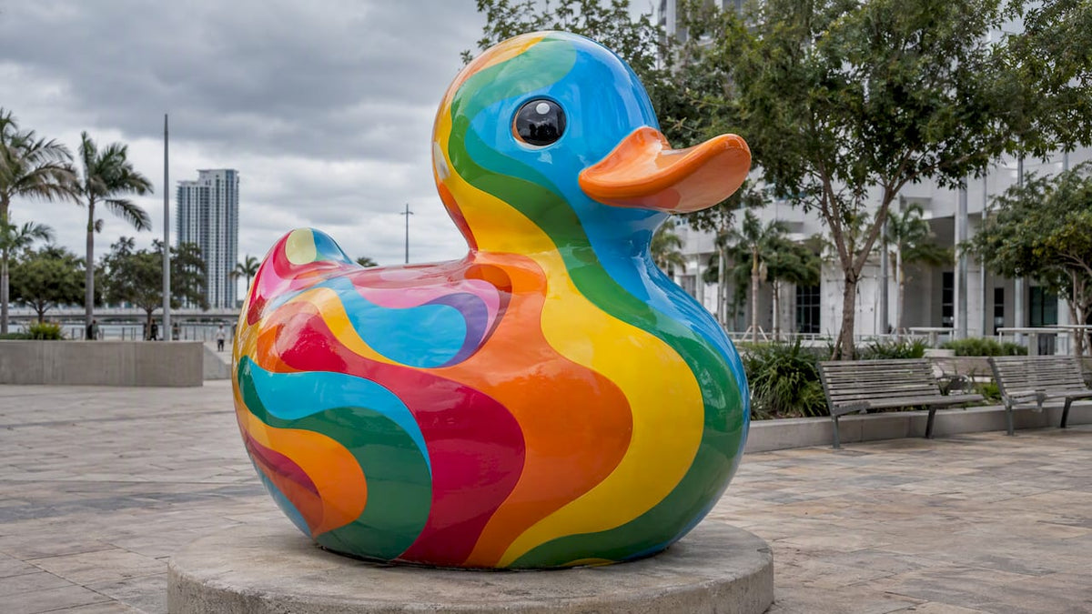 Colorful sculpture installed in a civic plaza