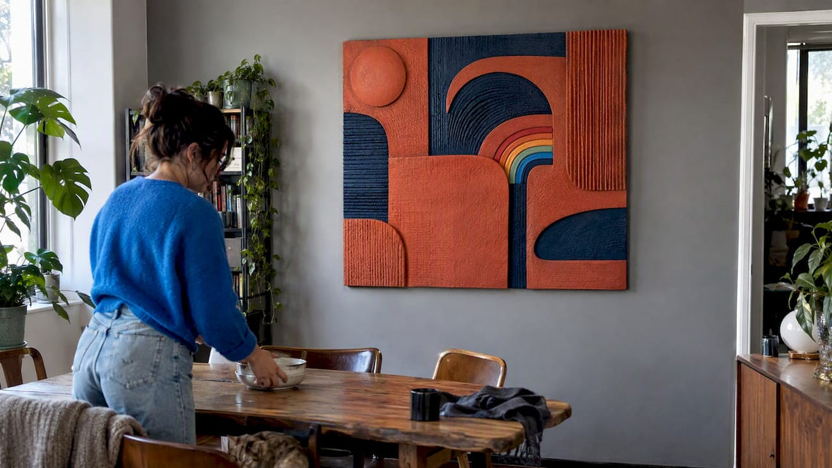 Textured pop art sculpture on grey wall