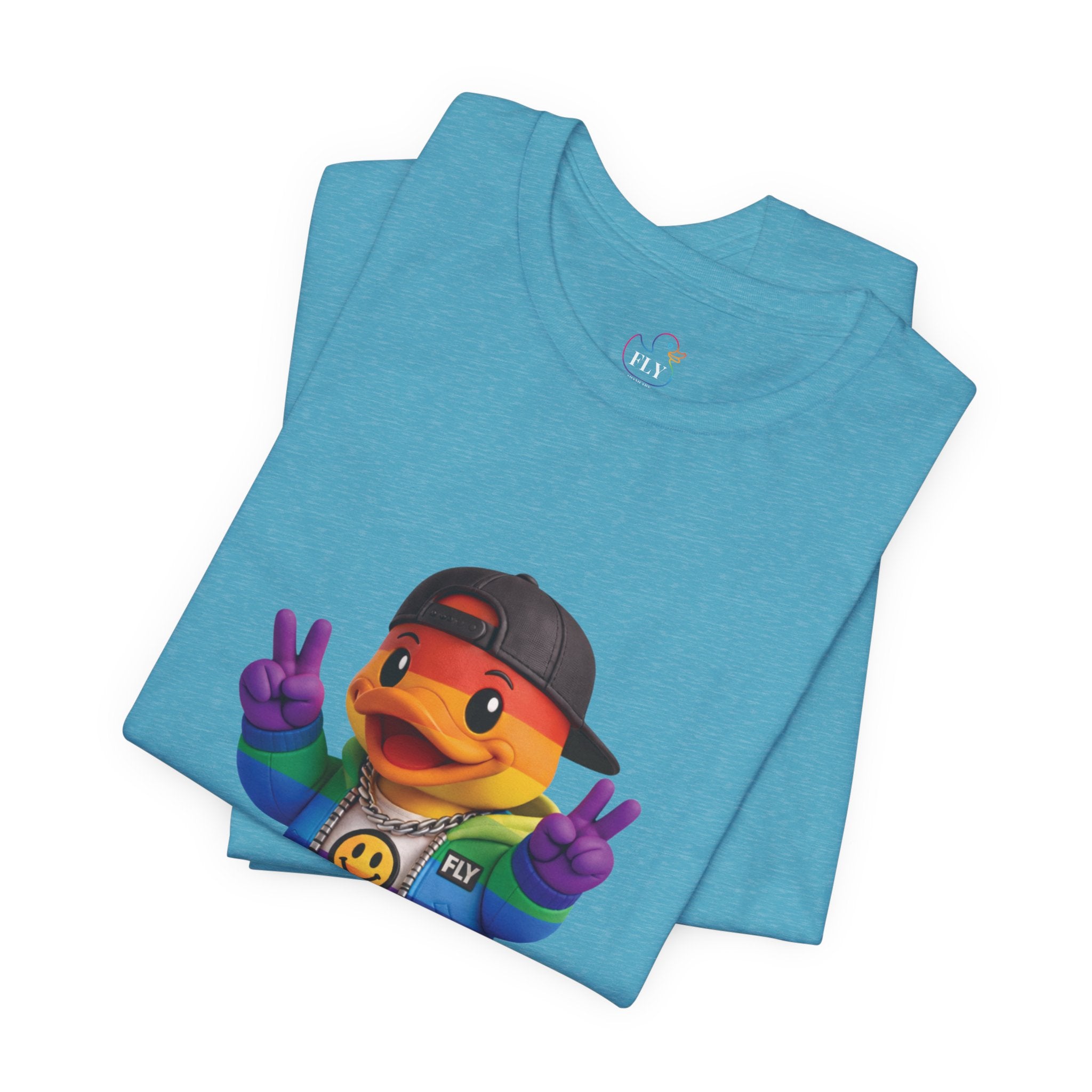FLY Duck Pride Peace Tee folded rubber duck pop art tee in black by Miami pop artist FLY